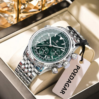 POEDAGAR Trendy Man Watch Chronograph Date Waterproof Luminous Men's Watches Stainless Steel Quartz Sports Luxury Man Wristwatch