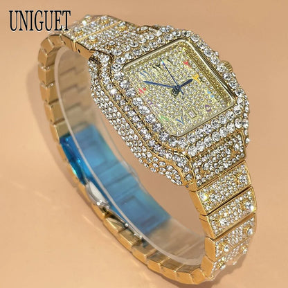 UNIGUET New Women Full Diamond Iced out Watch Fashion Square Rainbow Dial Hip Hop Bling Luxury Quartz Ladies Wristwatch Hot Sale