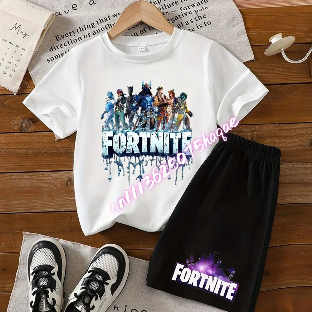 Conjunto infantil de verão Fortnite com t-shirt e calções anime, 2 peças, manga curta, algodão, casual, desportivo, presente