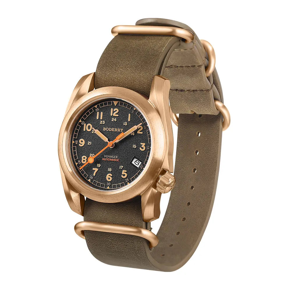 Boderry VOYAGER Field Watches Bronze Case Automatic For Seiko NH35 Watch 100M Waterproof Clock Military Vintage Wristwatch Mens
