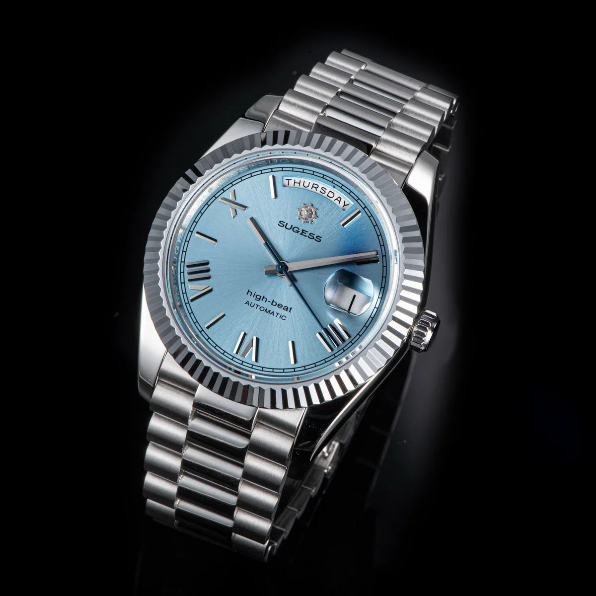 Sugess Watch Mens 40mm Date Day Automatic Dandong Peacock SL3034 Movement Retro Mechanical Wristwatch Sapphire Glass Golden New