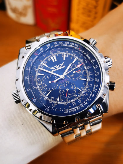JARAGAR Men’s Luxury Automatic Mechanical Watch  Military Sport Design, Multifunction Dial & Leather Strap