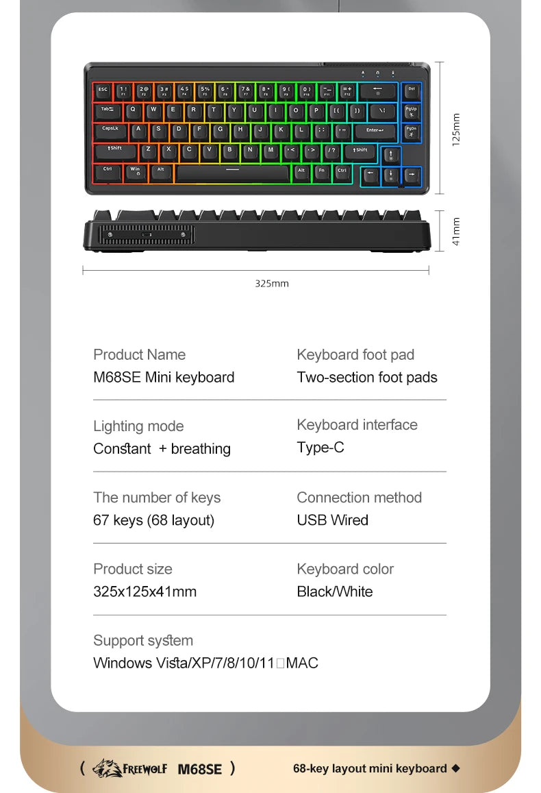 FREEWOLF M68SE Mechanical Feel Keyboard 68 Keys Mini Wired Compact Keyboard Silent for Laptops, Gaming and Office Use