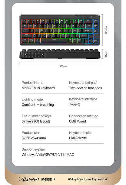 FREEWOLF M68SE Mechanical Feel Keyboard 68 Keys Mini Wired Compact Keyboard Silent for Laptops, Gaming and Office Use