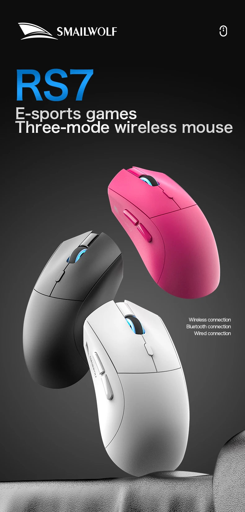Rato gaming sem fios Bluetooth SMAILWOLF RS7, três modos, PAW3311, macros configuráveis, para portátil, gaming e escritório