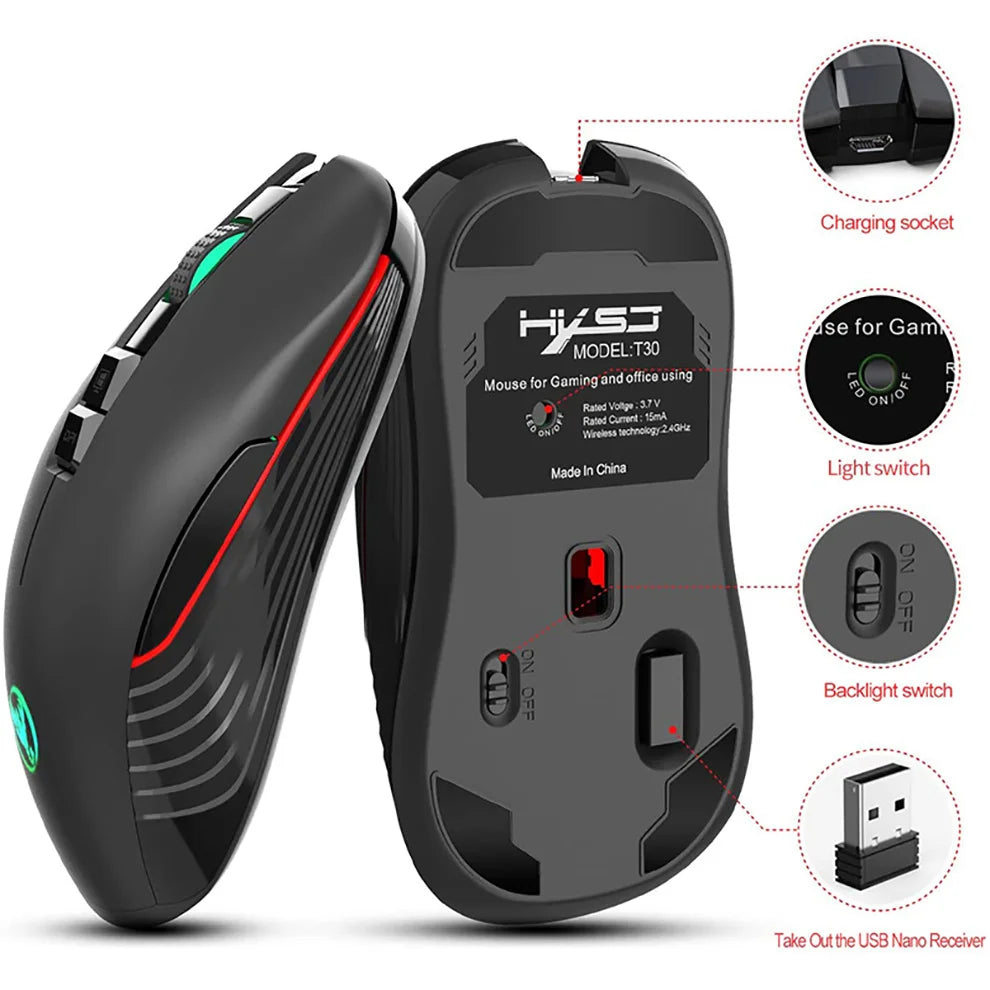 Rato gaming sem fios 2.4G USB-C recarregável 3600DPI, 7 botões, Type-C, silencioso, para MacBook, portátil, PC e computador