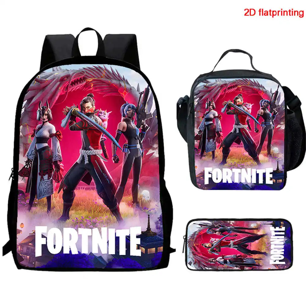 Conjunto Fortnite Cartoon de 3 peças, grande capacidade, adequado para rapazes e raparigas dos 5 aos 8 anos, inclui mochila, lancheira e estojo