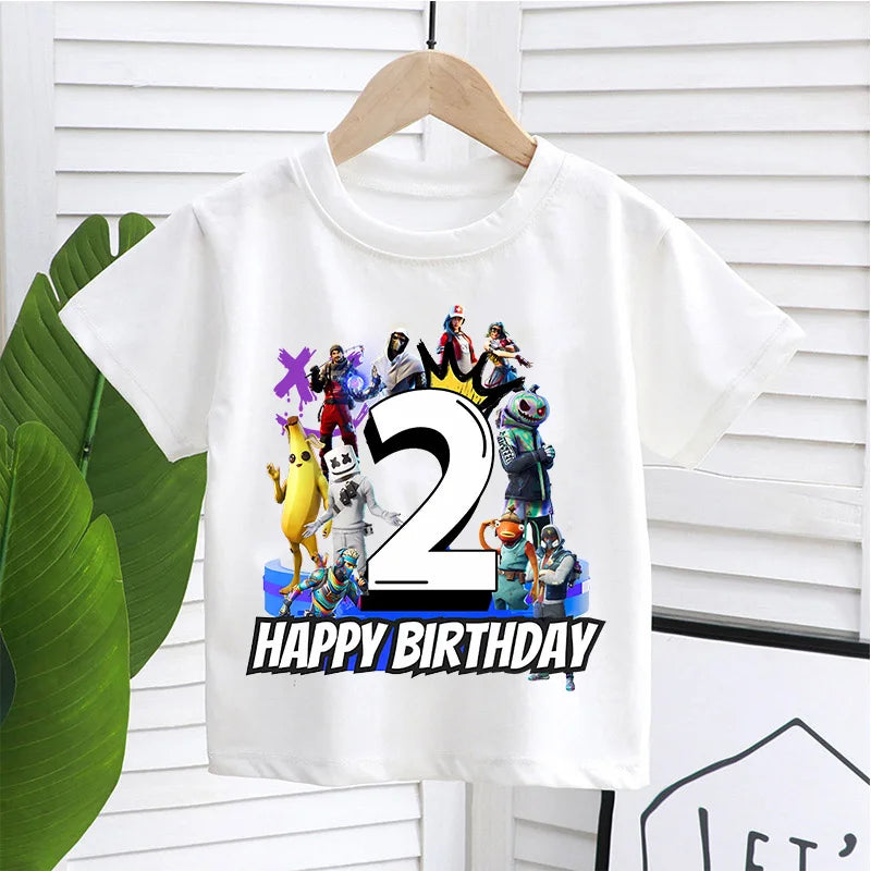 T-shirt Fortnite com Número de Aniversário para Crianças, Raparigas e Rapazes, Roupa de Verão, T-shirt em Algodão para Bebé, Top de Manga Curta para Festa, Presente para Criança Pequena