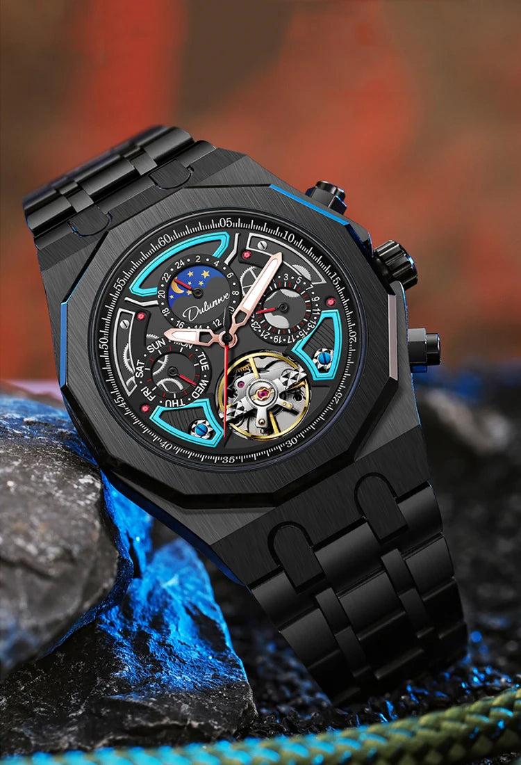 Top Brand Sport Watches with Tourbillon Stainless Steel Rubber Strap Multifunction Dial Automatic Watches Reloj Hombre New