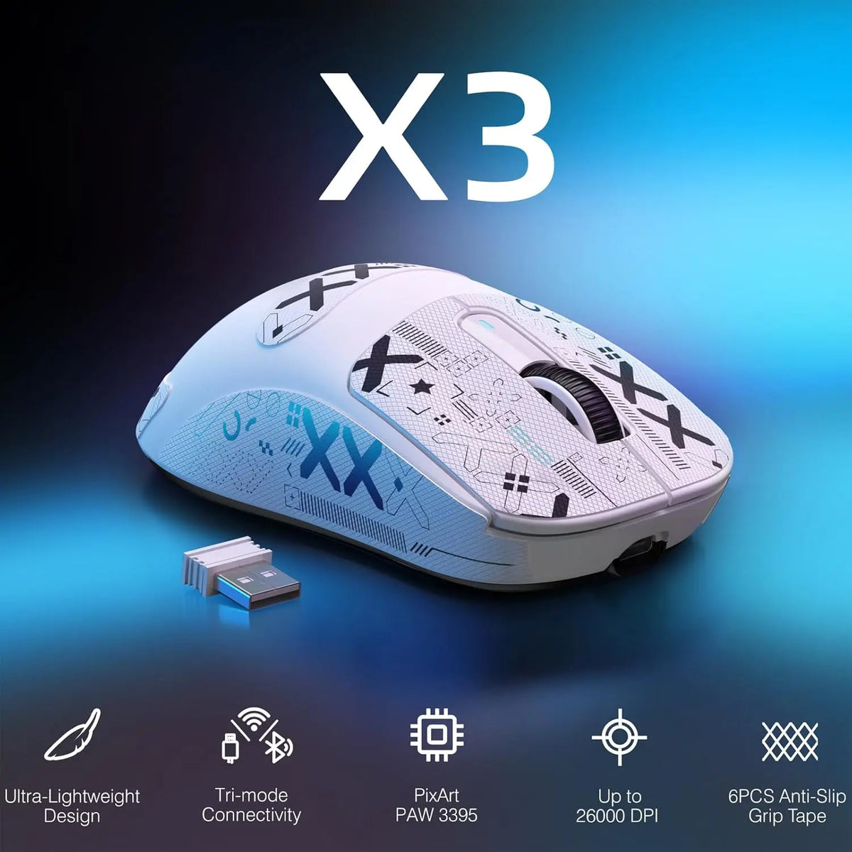 ATTACK SHARK X3 Lightweight Wireless Gaming Mouse, 49g Tri-Mode, PAW3395 26K DPI Sensor, 200h Battery Life, 5 Programmable Buttons