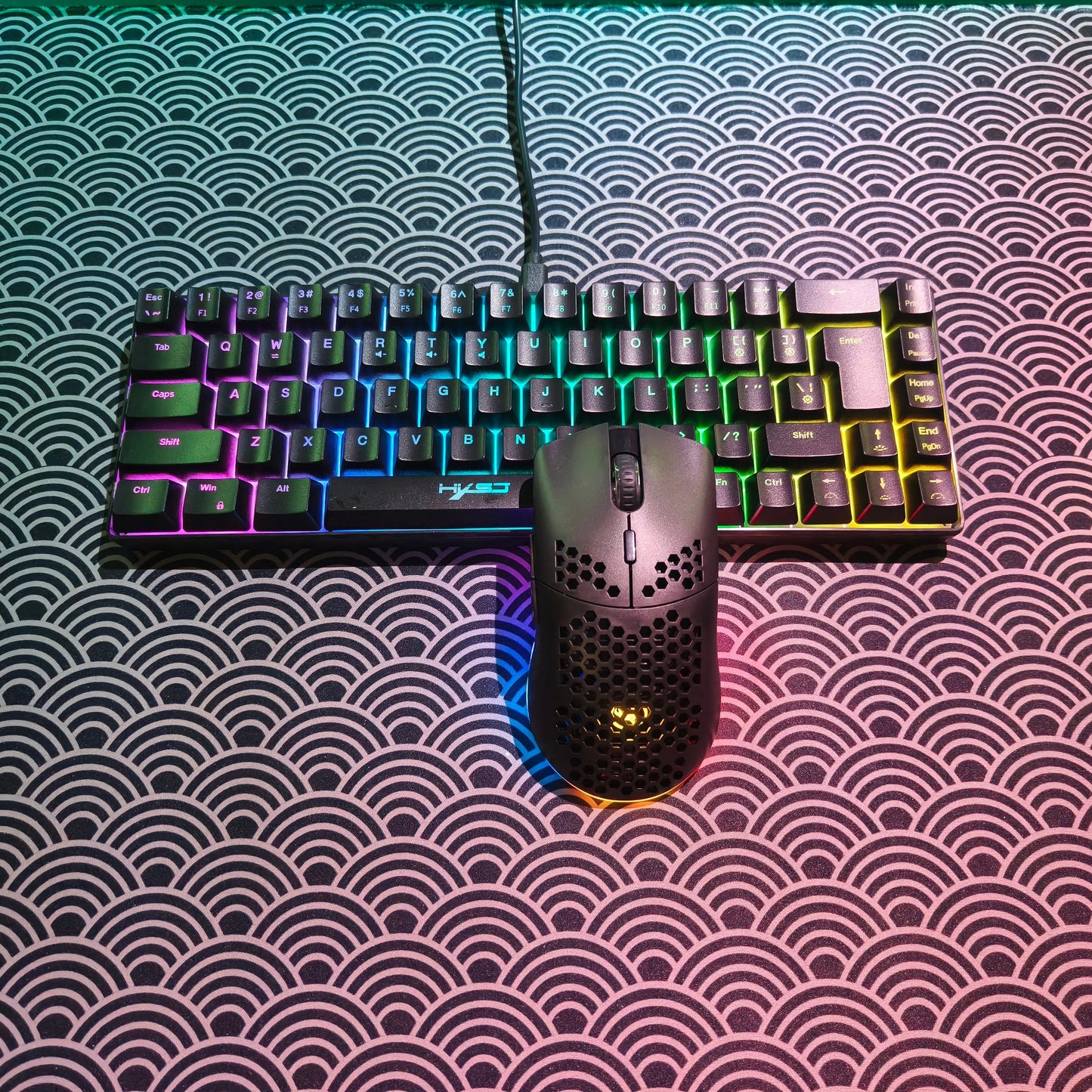 Portable HXSJ 60% RGB Gaming Keyboard and Mouse Set 68-Key Wired Membrane Keyboard 3-Mode Lightweight Wireless Mouse for PC Mac