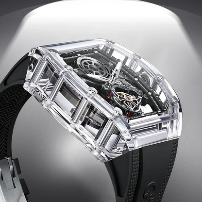 BONEST GATTI Automatic Movement Tourbillon Mechanical Wristwatch Crystal Case Luminous Watch Fluororubber Strap Watches for Men
