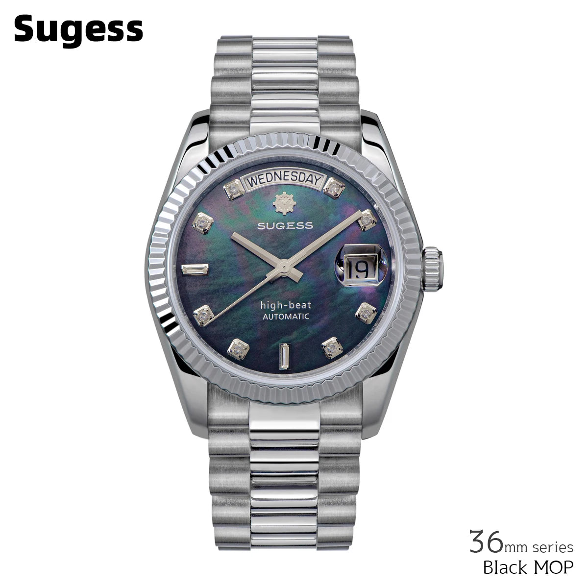 Sugess 36mm Mens of Watch Automatic Dandong Peacock SL3034 Day Movement Sapphire Glass 100m Waterproof Wristwatches MOP Date New