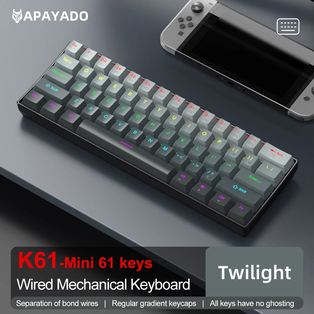APAYADO K61 Mini Mechanical Keyboard, Wired, 61 Keys, Phantom RGB, Black/White Red/Blue Mechanical Switch for Gaming, 60% Portable