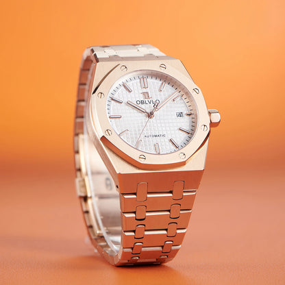 OBLVLO TM-ASP Luxury Men's Watch 41mm Blue Dial Rose Gold Automatic Luminous Waterproof Mechanical Casual Business Watch