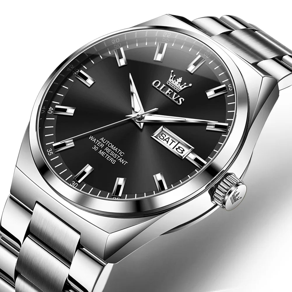 OLEVS Wristwatches Silver Gray Dial Automatic Mechanic Wrist Watch for Men Casual Sports Clock with Luminous relogios masculino