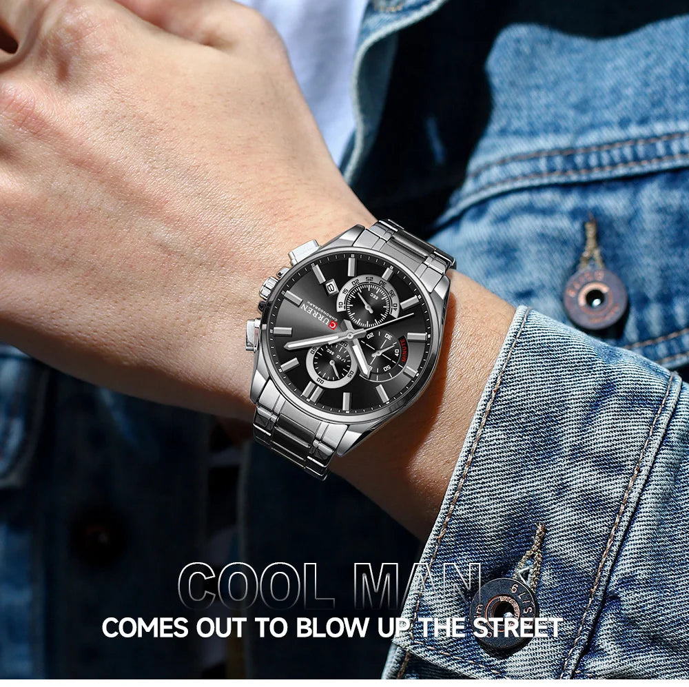 CURREN Men's Stainless Steel Chronograph Watches with Luminous Hands,Triple Sub-Dials Auto Date Fashion Design Quartz Wristwatch