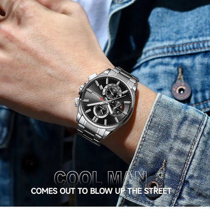 CURREN Men's Stainless Steel Chronograph Watches with Luminous Hands,Triple Sub-Dials Auto Date Fashion Design Quartz Wristwatch