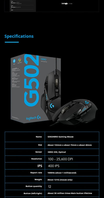Rato Gaming com Fios Logitech G502 HERO de Alto Desempenho, Sensor HERO 25K, 25,600 DPI, RGB, Pesos Ajustáveis, 11 Botões, Rato para PC/Mac