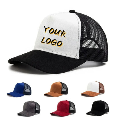 Boné trucker unissexo 2025 de 5 painéis em malha e camurça com logótipo personalizado, boné de basebol para homem, primavera/verão, respirável, desportivo, para mulher