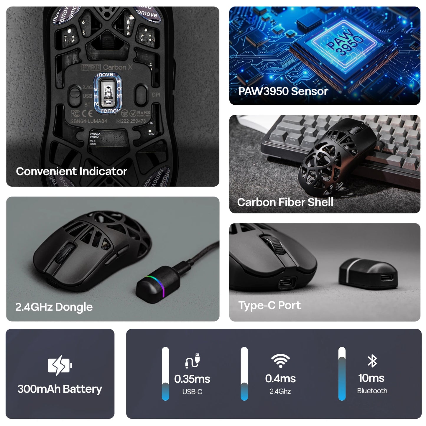 Rato Gaming Sem Fios EPOMAKER Carbon X com Fio/2.4G/BT, 400 a 30,000 DPI Ajustáveis, Sensor PAW3950, para PC/Mac/Linux