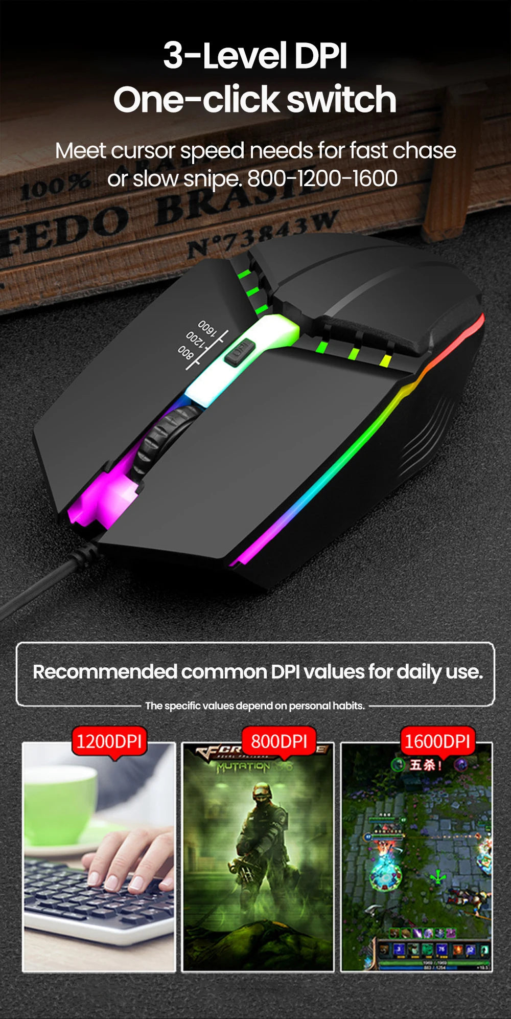Rato Gaming USB com Fio RGB Retroiluminado e Botão Silenciar, para PC de Secretária, Portátil, Computador, Casa e Escritório, LED Luminoso, 1600DPI
