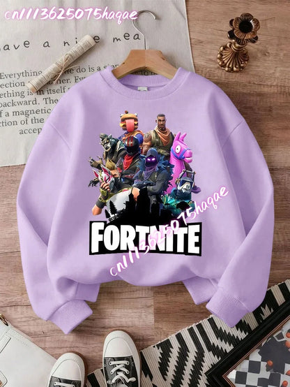 Sweat-shirts Fortnite novos para criança, hoodie com estampado de personagens de jogo em estilo cartoon, tops casuais de outono para criança, roupa de inverno para bebé menino