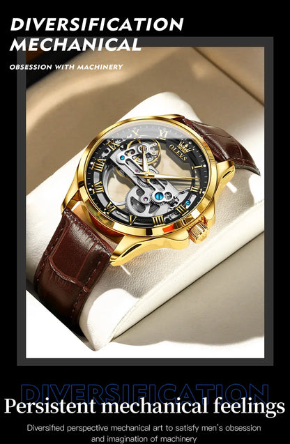 OLEVS Skeleton Automatic Mechanical Watch Men Leather Strap Luminous Waterproof Luxury Business Wristwatch For Man 6661