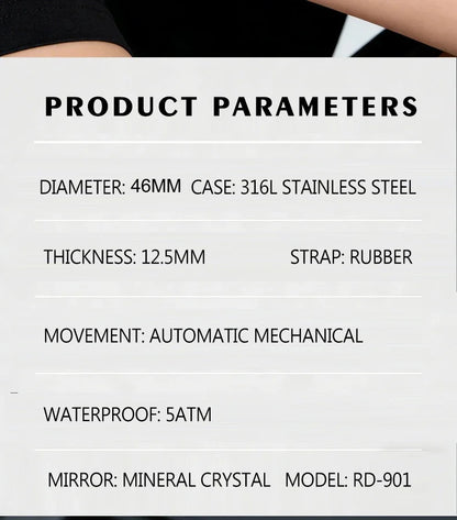 OBLVLO Mens Luxury Machinery Skeleton Dial Mechanical Automatic Watch Analog White Rubber Band Military Watch RD-901