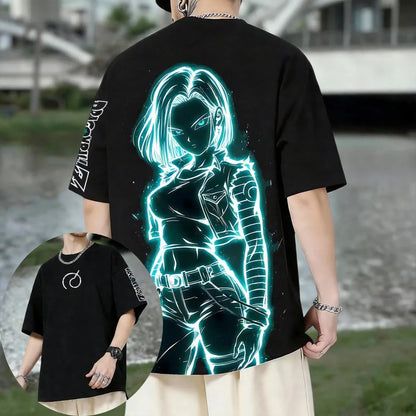 Oversized Unisex Pure Cotton T-shirt Dragon Ball Android 18 2026 Summer New Product Anime Print Casual Short Sleeved Shirt