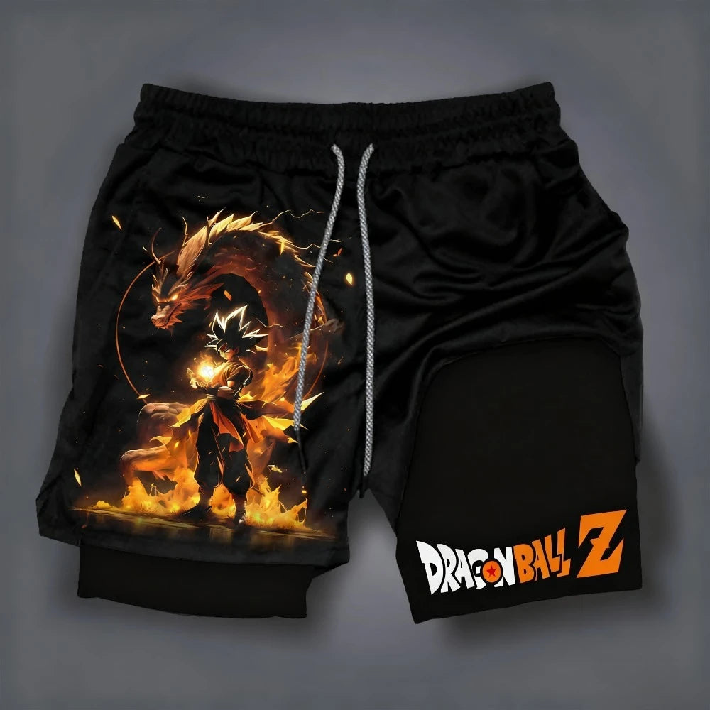 Dragon Ball Anime Goku Peripheral Printed Double-layered Shorts 2025 Summer American Sporty Men's Loose and Breathable Pants