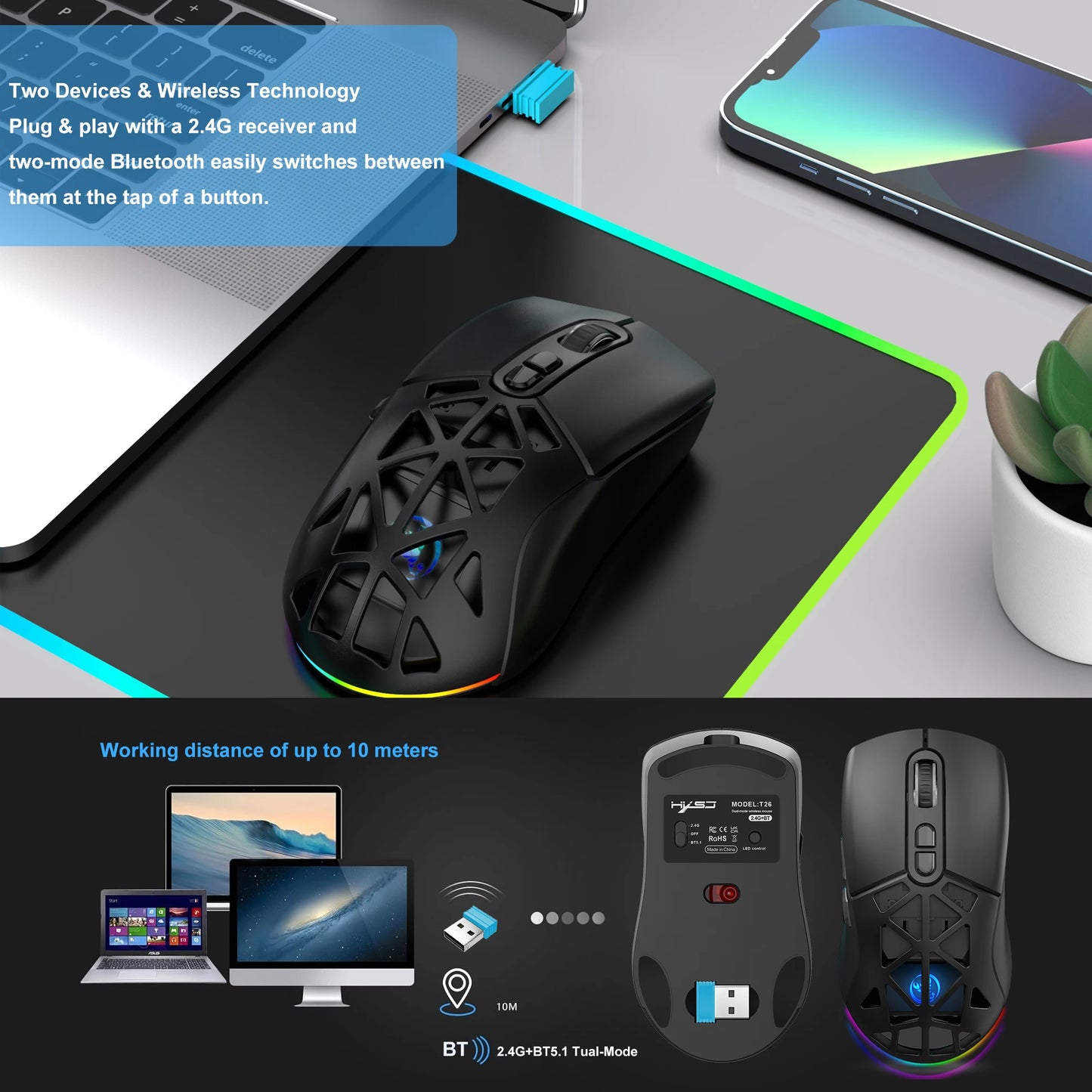 HXSJ T26 Dual Mode Wireless Gaming Mouse, Bluetooth 5.1 & 2.4G Rechargeable Gaming Mouse, 4800 DPI Ergonomic Optical Mouse for Laptop & PC