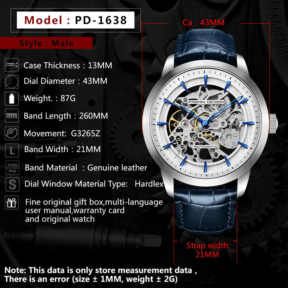 PAGANI DESIGN Új, csontvázszerkezetű férfi mechanikus karórák – csúcsminőségű luxus automata karórák férfiaknak, kék bőr szíjjal, vízálló karóra férfiaknak