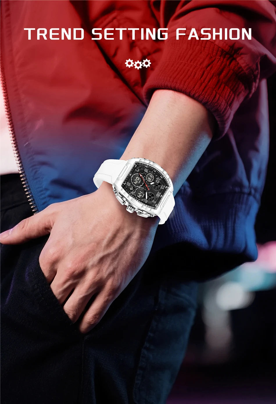 FOXBOX Men Watch Luminous White Silicone Waterproof Quartz Watch For Men Fashion Analog Digital Alarm Chronograph Montre Homme