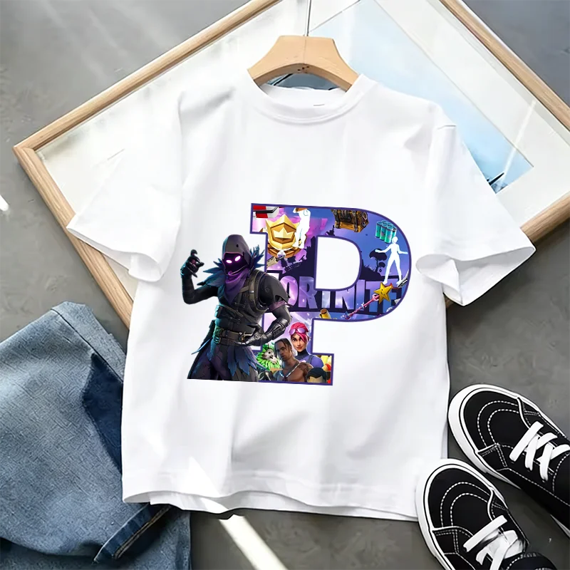 T-shirt Infantil Branco Fortnite com Estampado Alfabeto A-Z — Roupa de Verão, Jogo de Desenhos Animados Popular, Manga Curta Casual, Presente de Moda