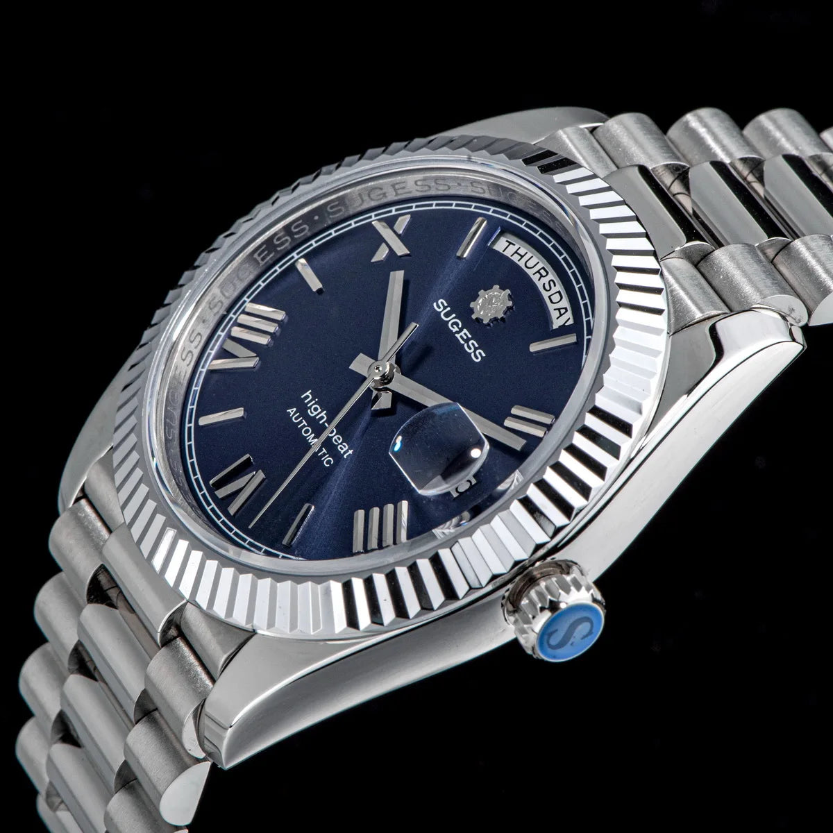 Sugess Watch Mens 40mm Date Day Automatic Dandong Peacock SL3034 Movement Retro Mechanical Wristwatch Sapphire Glass Golden New
