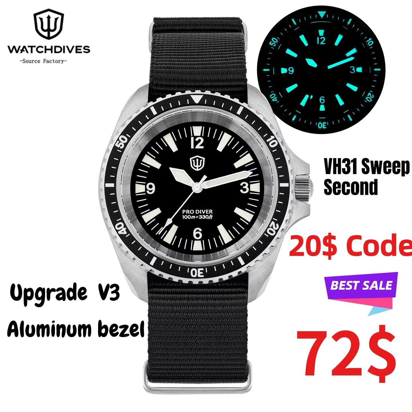 Relógio de Luxo Watchdives WD1980 V3 para Homem, Movimento de Quartzo VH31 com Segundos Fluentes, Vidro de Safira com Revestimento AR, Impermeável 10Bar