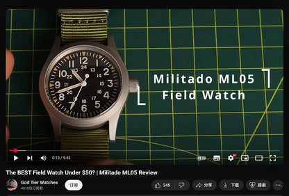 Militado ML05 Military Watch VH31 Sweep Quartz Movement Top Hat Domed Sapphire Crystal Vintage Watch 100m Waterproof Mens Watch
