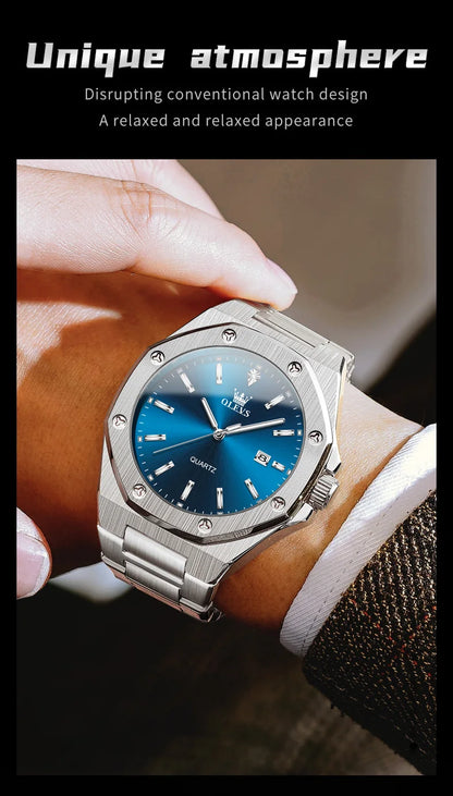 OLEVS Watches For Men Luxury Silver Blue Classic Quartz Watch for Man Waterproof Stainless Steel Luminous Reloj Hombre 2025