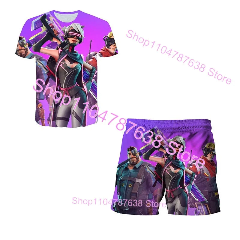 Conjunto Infantil 2 Peças F-Fortnited Victory 3D, T-shirt e Calções para Meninas e Meninos, Roupa Battle Royale, T-shirts Harajuku Hero