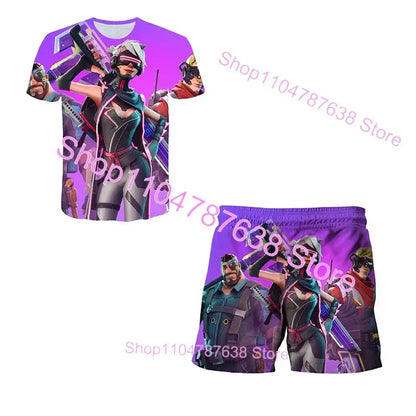 Conjunto Infantil 2 Peças F-Fortnited Victory 3D, T-shirt e Calções para Meninas e Meninos, Roupa Battle Royale, T-shirts Harajuku Hero