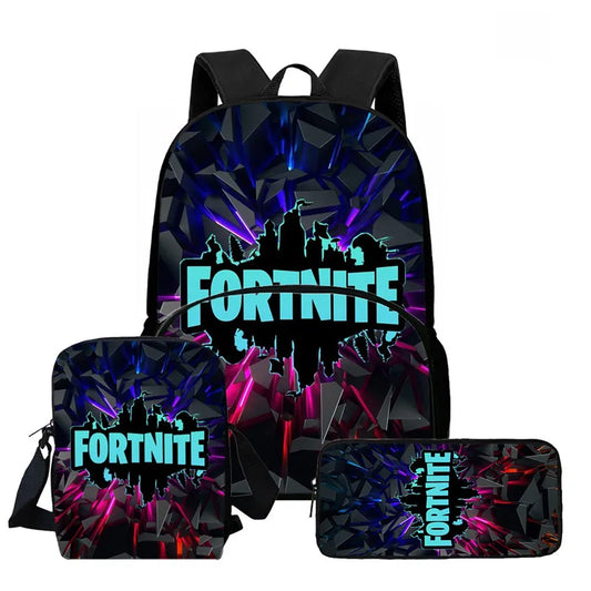 Conjunto de Mochila Fortnite Cartoon de 3 Peças Unissexo para Rapazes e Raparigas, Mochila com Bolso Frontal, Mala a Tiracolo e Estojo, Presente Ideal