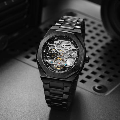 Forsining Tourbillon Skeleton Mechanical Watch for Men Luminous Hands Stainless Steel Strap Fashion Business Automatic Watches