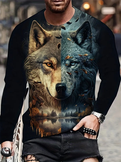 T-shirt de manga comprida para homem com novo estampado de lobo 2024, camisa casual diária de primavera e outono, moda streetwear masculina