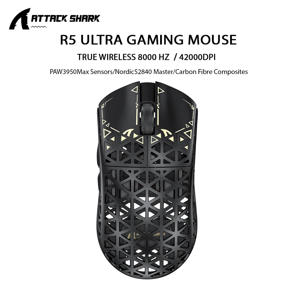 Rato Gaming Sem Fios ATTACK SHARK R5 ULTRA - Polling 8K, Sensor PAW3950MAX, 42,000 DPI, Fibra de Carbono Ultraligeira para Esports Profissionais