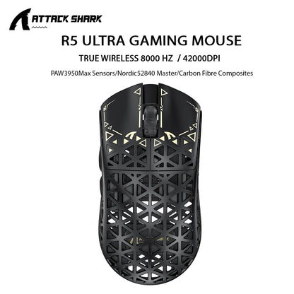 Rato Gaming Sem Fios ATTACK SHARK R5 ULTRA - Polling 8K, Sensor PAW3950MAX, 42,000 DPI, Fibra de Carbono Ultraligeira para Esports Profissionais