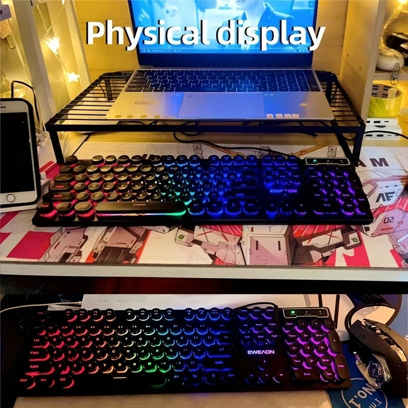 EWEADN GX330 Typewriter Gaming Keyboard, 104 Keys Wired Retro Punk Round Keycaps, with RGB Backlit, for Windows Laptop PC Black