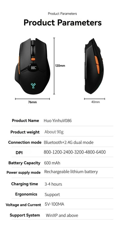 Rato Bluetooth sem fios, ecrã inteligente, botão silencioso de modo duplo, bateria de lítio de 600mAh, rato de escritório para tablet e portátil