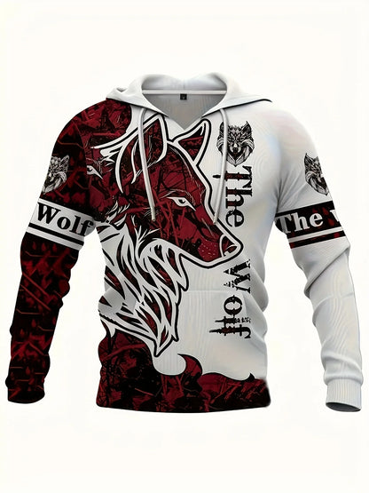 Fashionable men's autumn personalized wolf print soft and comfortable hooded sweatshirt outdoor street style clothing