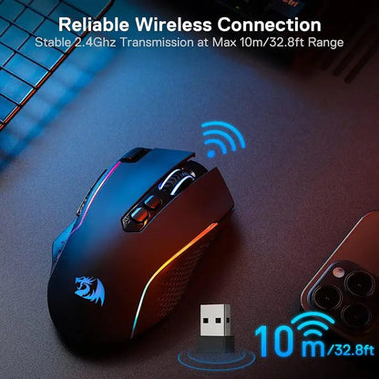 Mouse da gaming wireless Redragon M810 Pro, 10000 DPI, mouse da gamer cablato con tasto Rapid Fire, 8 pulsanti macro, nero/bianco